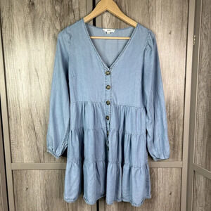 Mine Chambray Mini Dress Layered Long Sleeve V Neckline Long Sleeves Sz S